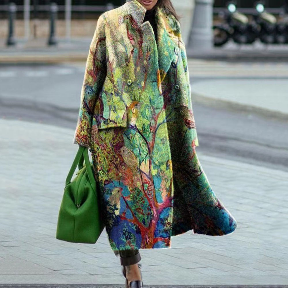 New Autumn Women's Long Sleeve Lapel Coat Printed Wool Long Coat