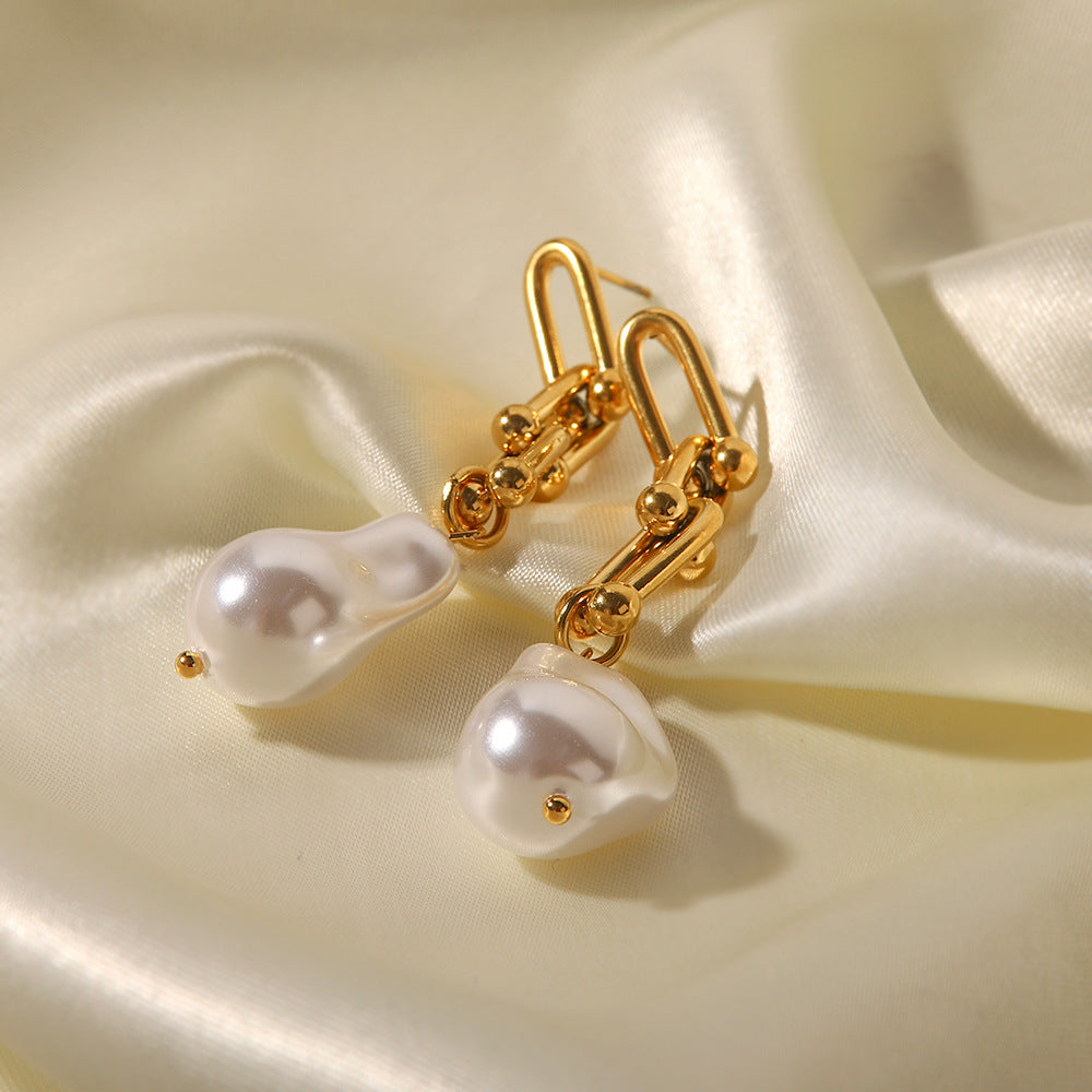 5pcs New 18K Gold Plated Stainless Steel Profiled Imitation Pearl Pendant Earrings Anti-Allergy Temperament Chain Earrings