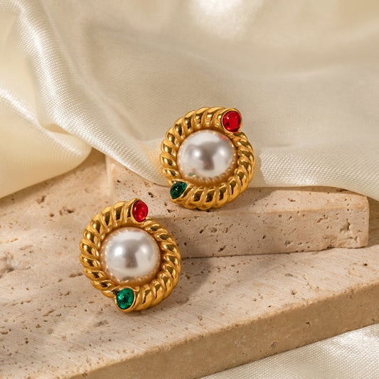 5pcs New All-Match 18K Gold Stainless Steel Symmetrical Texture Beaded Earrings Fashion Style Design Sense Earrings