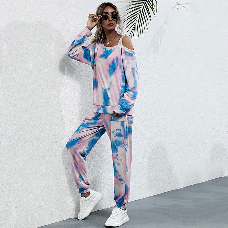 Women's Printed Off-The-Shoulder Long Sleeve Tie-Dye Fashion Set Two-Piece