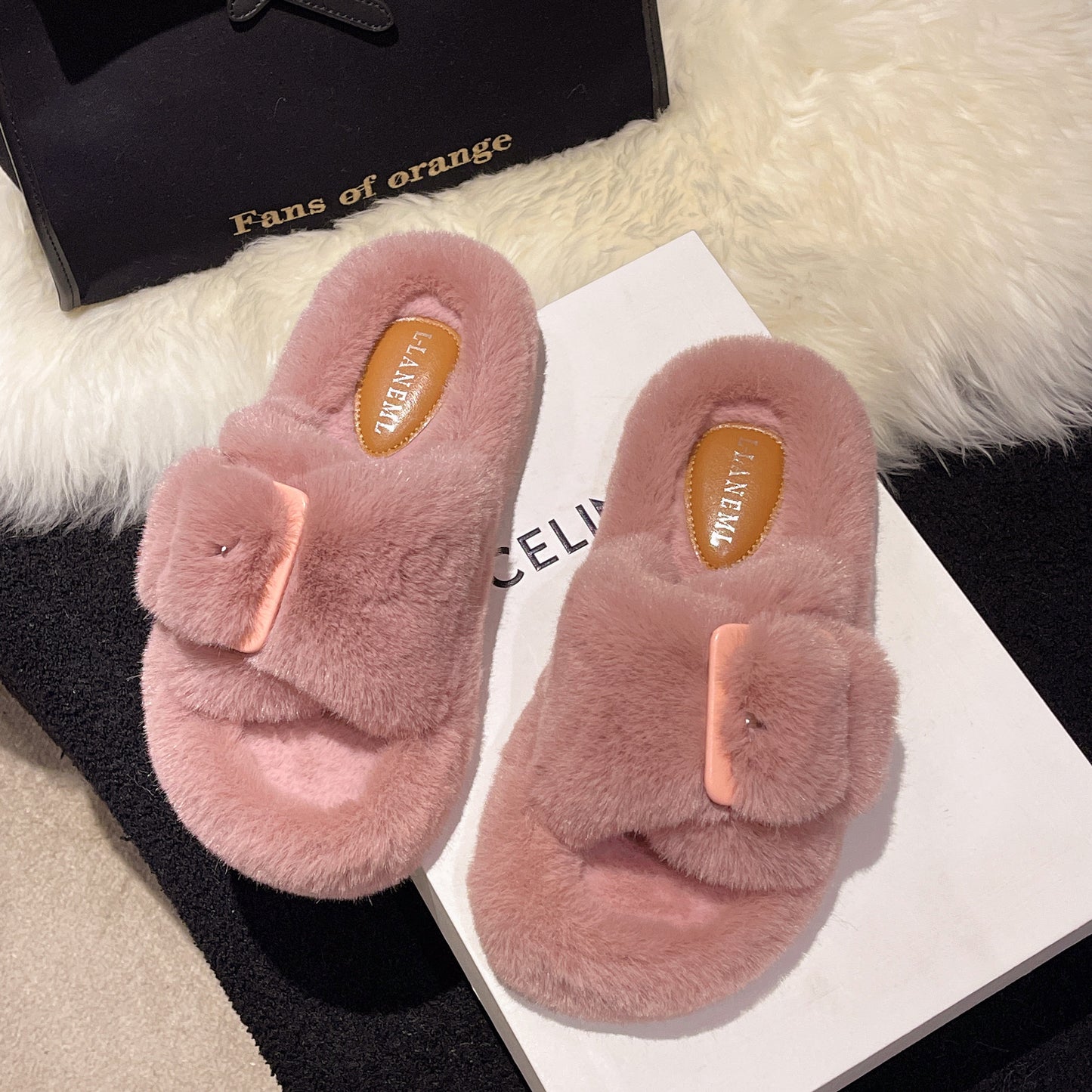 Autumn And Winter New Word Buckle Inside The Cashmere Fashion Senior Sense Outside To Wear Female Furry Slippers