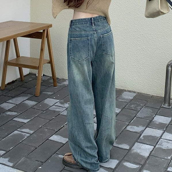 Real Autumn And Winter New Retro Retro Drawstring Cowboy Straight Barrel High Waist Wide Leg Mop Trousers
