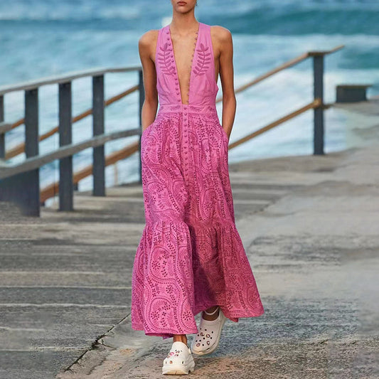 Spring New Fashion Temperament V Neckline Embroidery Waist Slimming Big Swing Dress Solid Color Temperament Long Dress