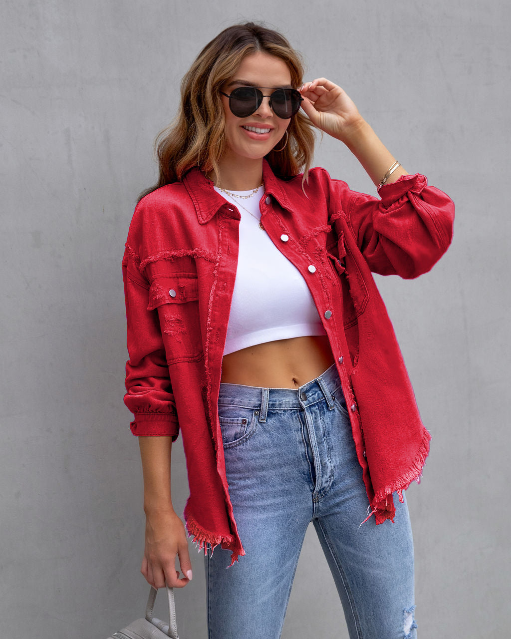 New Wind Long Rough Edge Hole Denim Coat Female Autumn And Winter Long Sleeve Casual Lapel Top