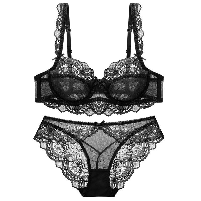 Sexy Underwear Women Ultra Thin Hollow No Sponge Transparent Lace Underwear Big Breasts Small Big Size Bra Set