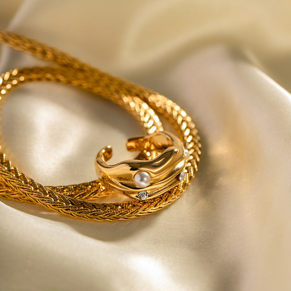 5pcs 18K Gold Plated C-Shaped Inlaid Pearl Open Ring Non-Faded All-Match Stainless Steel Ring