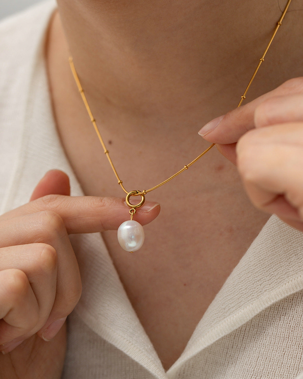 5pcs Fresh Stainless Steel Necklace Does Not Fade Simple Chain Natural Pearl Pendant Necklace Accessories