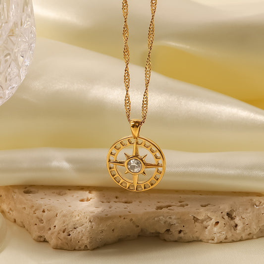 5pcs Vintage Octet Star Titanium Steel Necklace Stainless Plated 18-Karat Gold Inlaid Zircon Hollow Pendant Women's Necklace