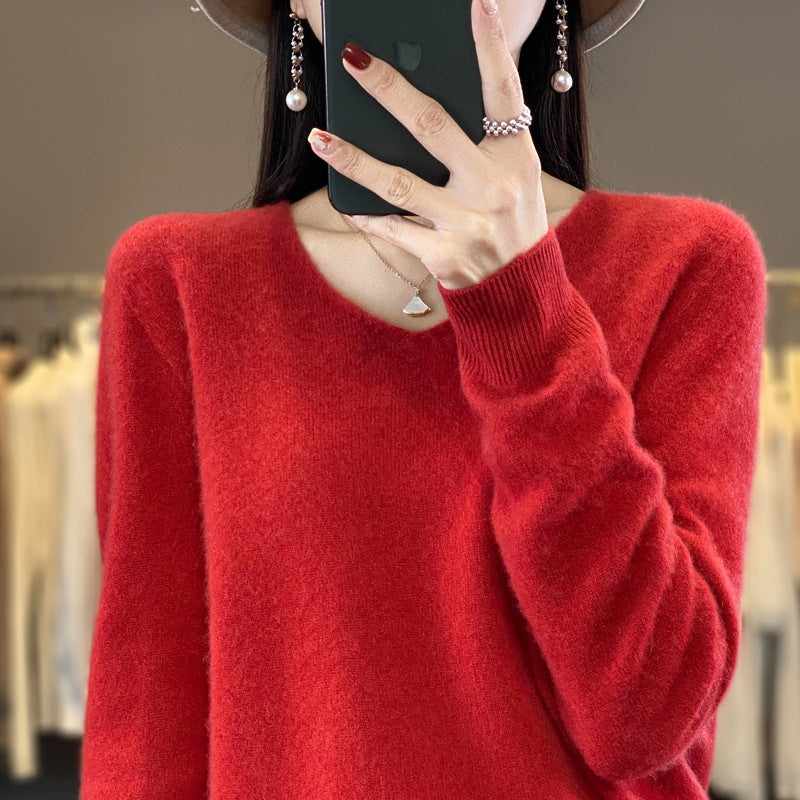 100 Pure Wool Knitwear Women's V-Neck Pullover Loose Base Shirt Autumn And Winter New Solid Color Sweater