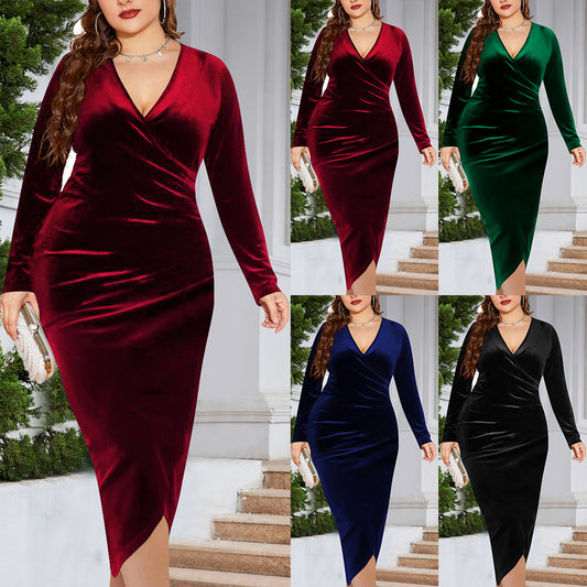 Plus-Size Long Sleeve Velvet Sheath Dress Sexy Pleated Wrap Deep V-Neck Party Cocktail Dress