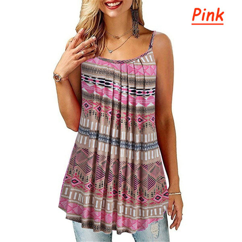 Large Size Women's Digital Print Fold Big Swing Loose Halter Shirt