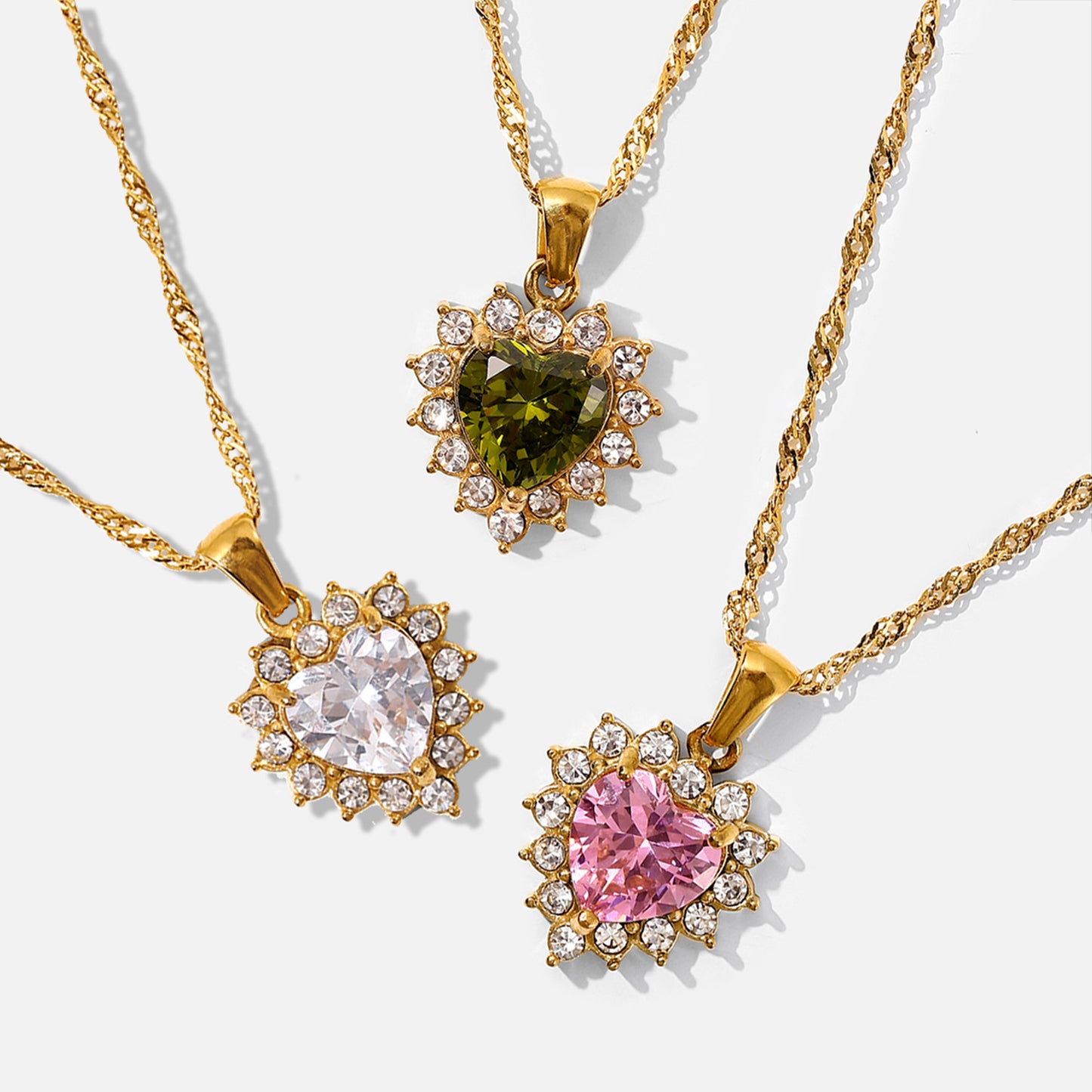 5pcs Women's Zircon Heart Necklace Stainless Steel Jewelry 18K Gold Chain Necklace Shiny Green // White Pendant Necklace