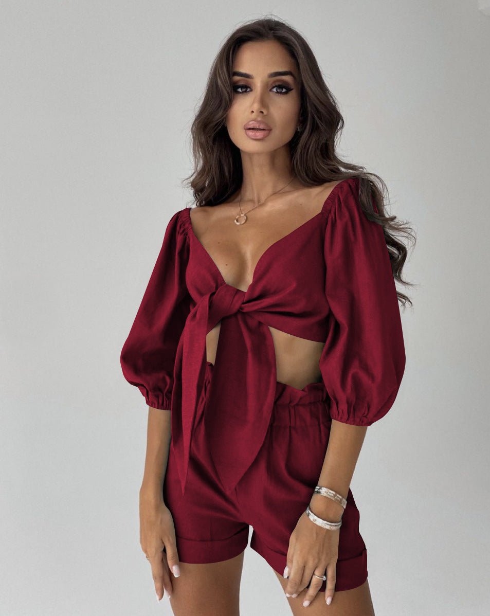 New Sexy Two-Piece Women's High-Waisted Shorts Cardigan Spice Girl Top Fashion Casual Suit