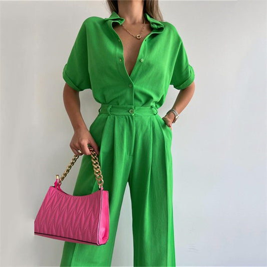 Wide-Leg Pants Suit New Spring And Summer Loose Sleeved Shirt Blouse Casual Pants Two-Piece Women's Wear
