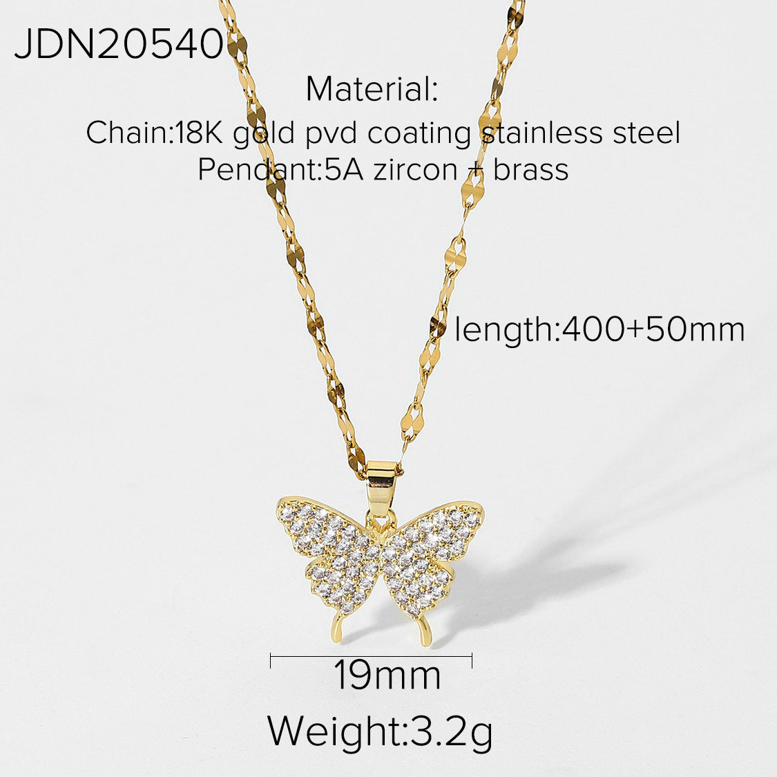 5pcs Simple New Full Zirconium Butterfly Pendant Necklace 18K Electric Gold Plated Stainless Steel Collar Necklace Jewelry Women