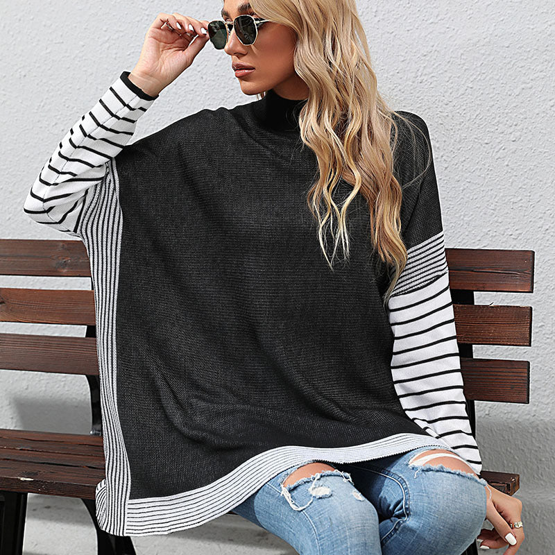 New Autumn And Winter Women's Long-Sleeved Striped Half-Turtleneck Loose Sweater