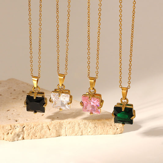 5pcs Elegant Pendant Necklace 18K Gold Stainless Steel Large White // Green/Black Square Zirconium Pendant Necklace