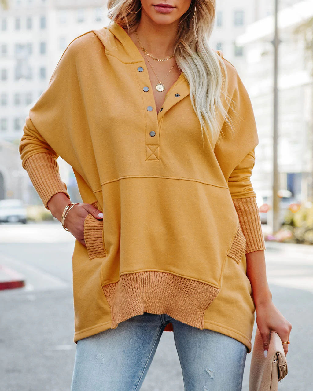 Autumn And Winter New V-Neck Hooded Multi-Color Bat Sleeve Hoodie Loose Thread Stitching Top Woman
