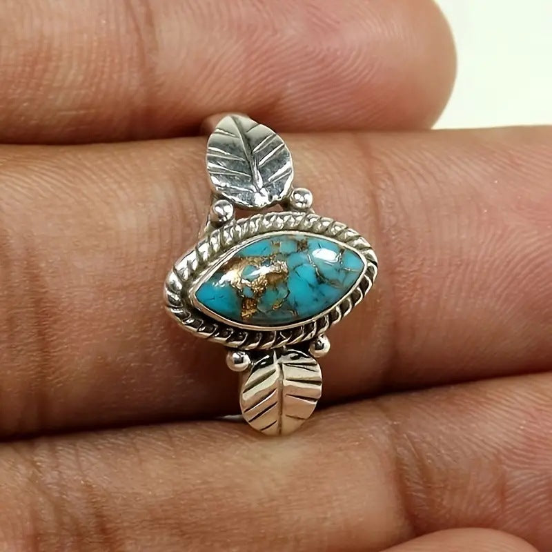 Leaf Jewelry Creative Electroplated Jewelry Palace Retro Horse Eye Turquoise Ring Female