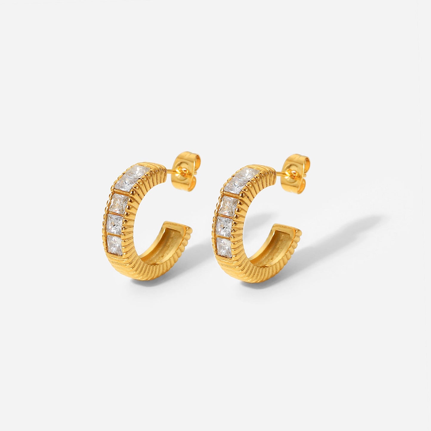 5pcs Stainless Steel Ring Earrings Jewelry 18K Gold Five Square Zirconium Thread C-Shaped Women's Earrings Jewelry