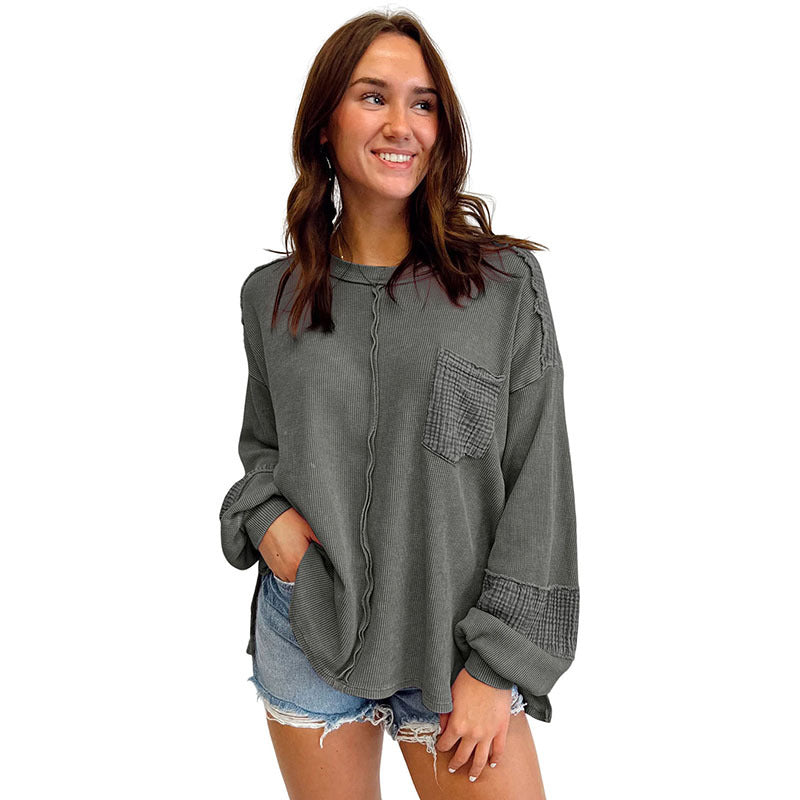 Autumn New Open Seam Patchwork Waffle Sweatshirt Women Casual With All Round Neck Pullover Women