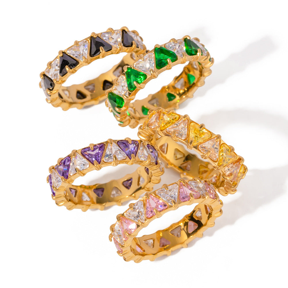 5pcs 18K Gold Stainless Steel Inset Triangular Zircon Ring Does Not Fade Niche Jewelry