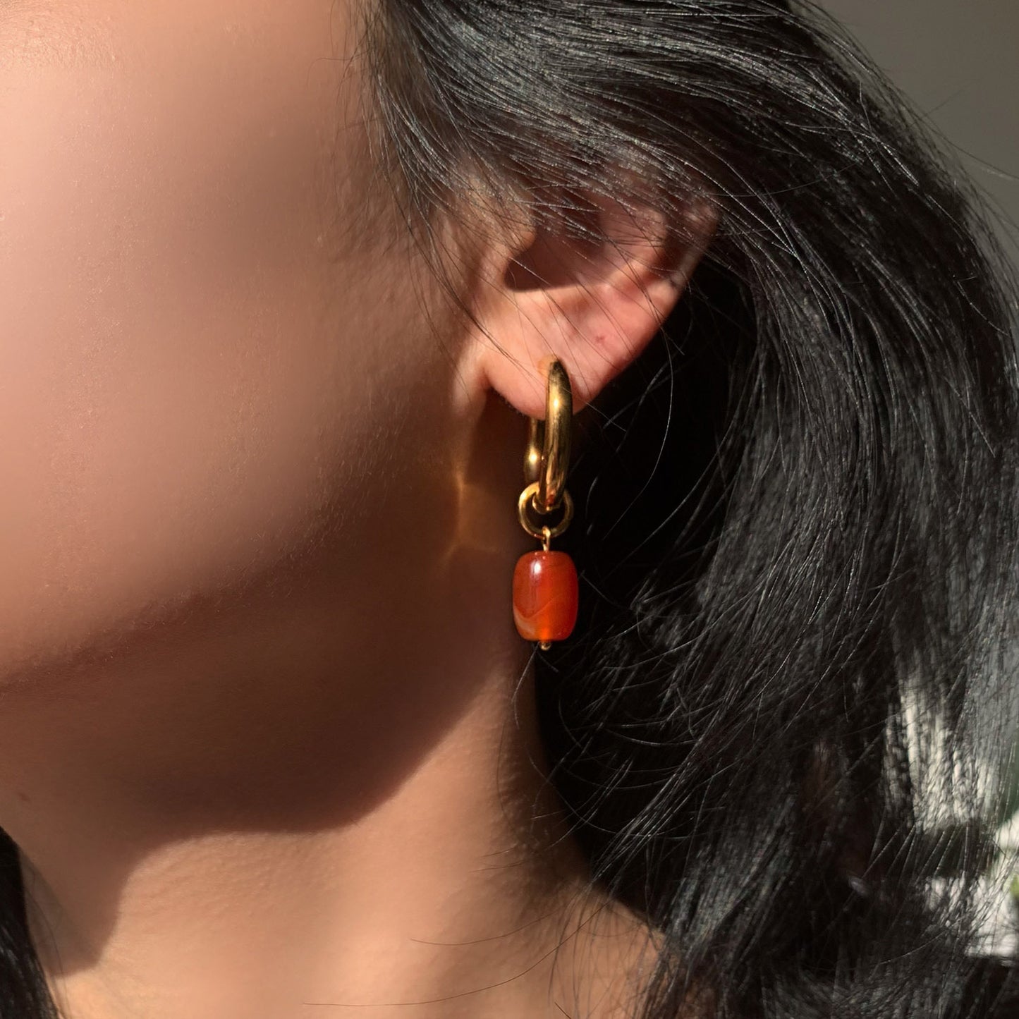 5pcs Double Gold Plated Red Stone Pendant Stainless Steel Earrings Women's Same Stud Earrings