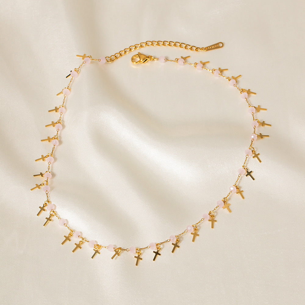 5pcs 18K Gold Stainless Steel Color Natural Stone Beads String Cross Fringe Bracelet Do Not Fade Jewelry