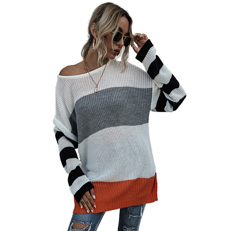 Fashion Women's Autumn Casual Long-Sleeved Matching Color Sweater Women's Medium Length