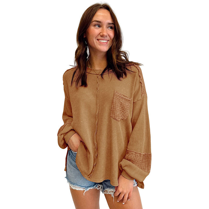 Autumn New Open Seam Patchwork Waffle Sweatshirt Women Casual With All Round Neck Pullover Women