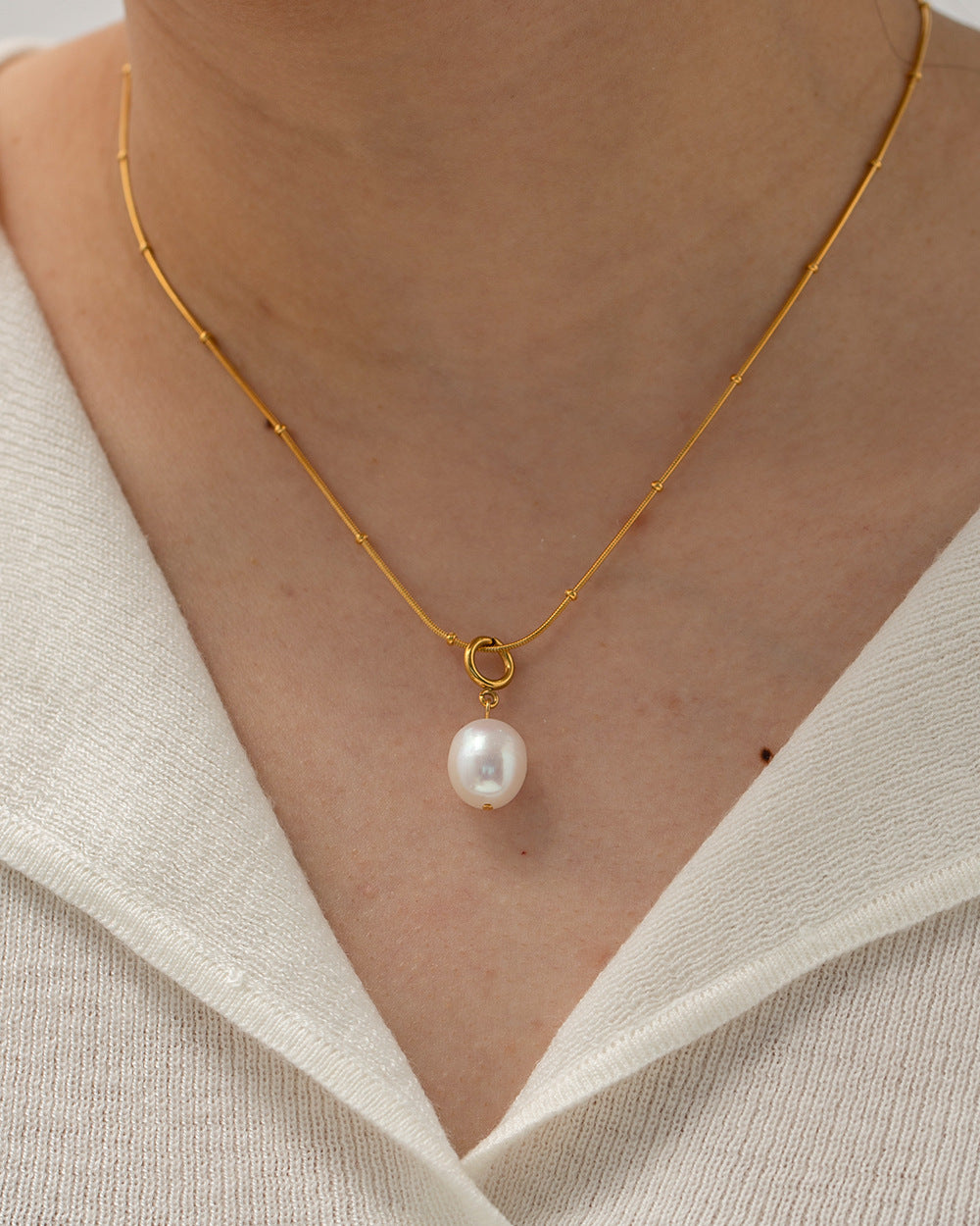 5pcs Fresh Stainless Steel Necklace Does Not Fade Simple Chain Natural Pearl Pendant Necklace Accessories