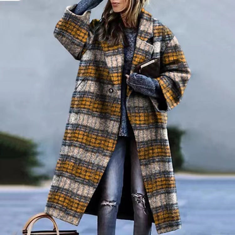 New Autumn Women's Long Sleeve Lapel Coat Printed Wool Long Coat
