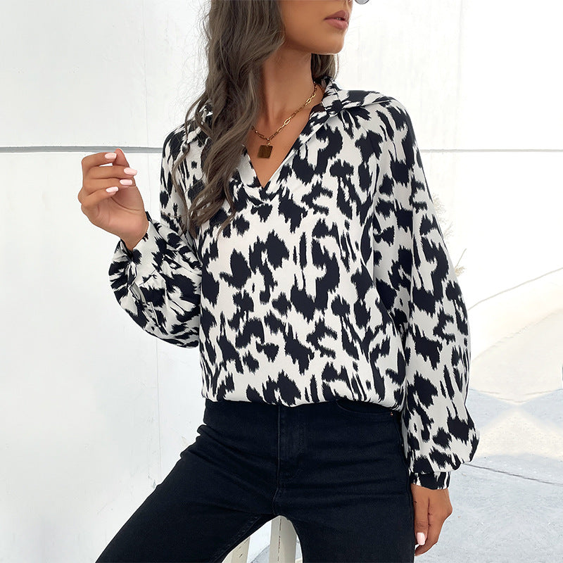 Women's New Lapel Long-Sleeved Leopard Print Shirt Women