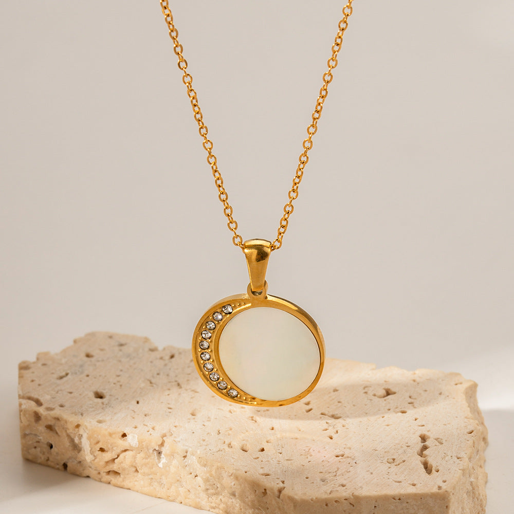 5pcs 18K Gold Stainless Steel Necklace Natural Shell Diamond Zircon Sun And Moon Pendant Necklace Women's Accessories