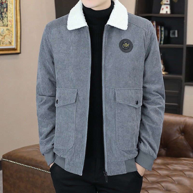 Corduroy Jacket Men's Winter Loose Baseball Uniform Lapel Clothing Plus Fleece Thickened Casual Cargo Jacket