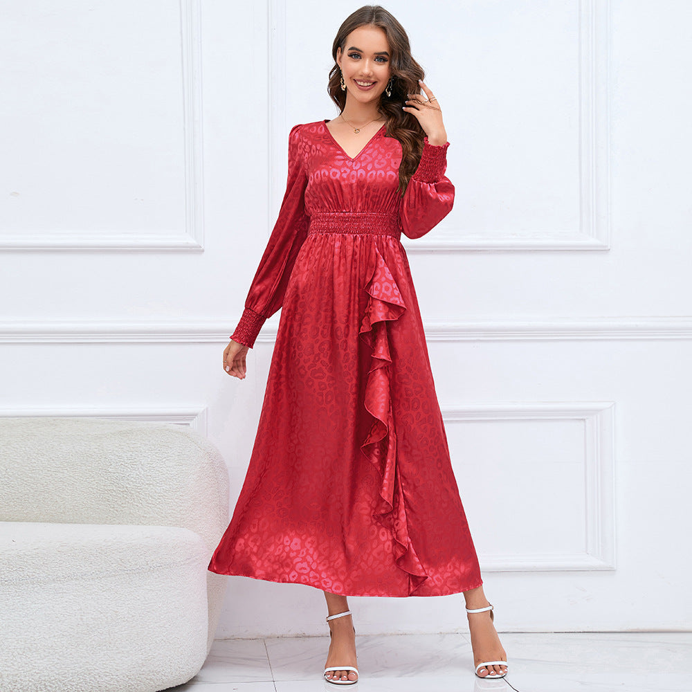 Women's Dress Autumn And Winter V-Neck Long Sleeve Leopard Dress Big Size