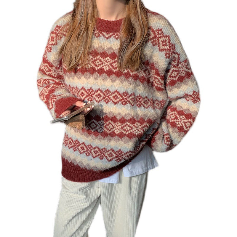 Christmas Lazy Sweater Female Autumn And Winter New Version Of Students Loose Pullover Round Neck Knitted Top Female