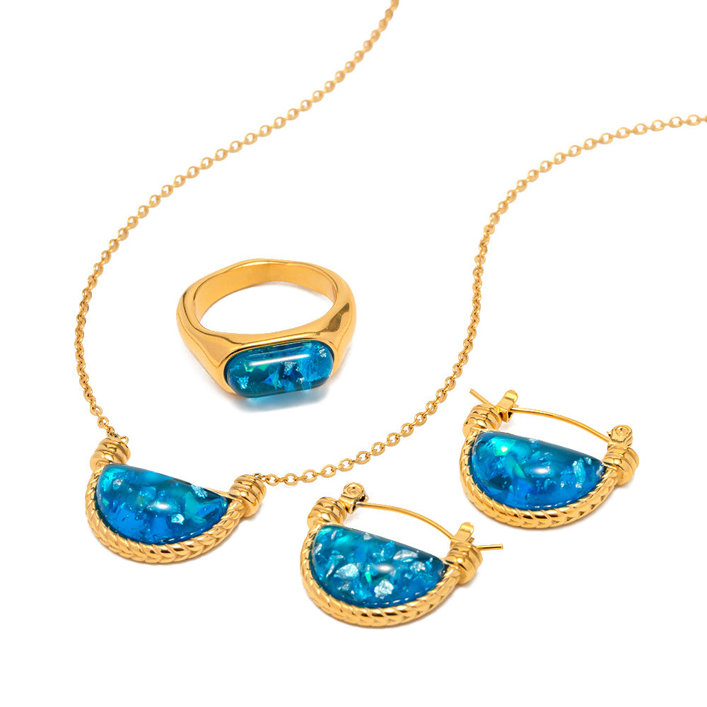5pcs Stylish Retro Style Natural Blue Resin Fan Basket Pendant Necklace Women's Stainless Steel Jewelry