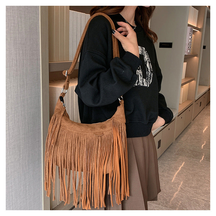 High Appearance Level Bag Female New Version Retro Fashion Single Shoulder Crossbody Bag Texture Hand-Tassel Bag