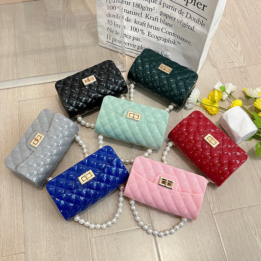 Bag Summer New Diamond Lattice Solid Color Pearl Hand Jelly Bag Pvc Women's Single Shoulder Crossbody Bag