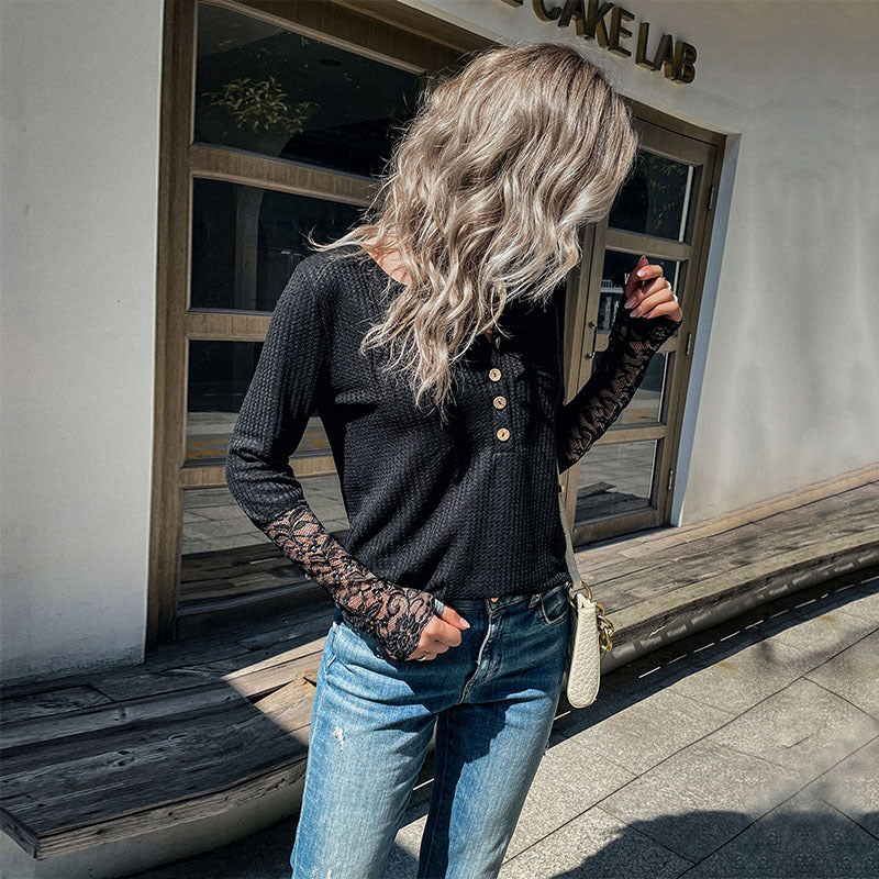Early Autumn Casual Women's Long-Sleeved Lace Bottom Black Knitwear