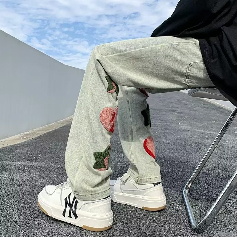 Men Niche Spring And Autumn High Street Vibe Slim Pants Towel Embroidered Straight Leg Casual Pants Jeans
