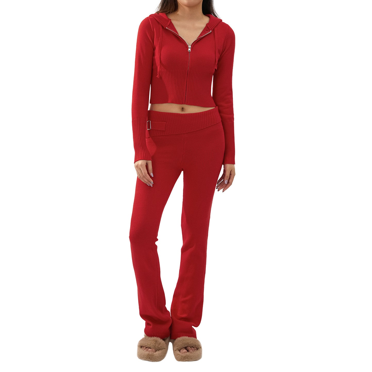 New Knitted Hooded Women's Fashion Sexy High-Waisted Long-Sleeved Trousers Two-Piece Set