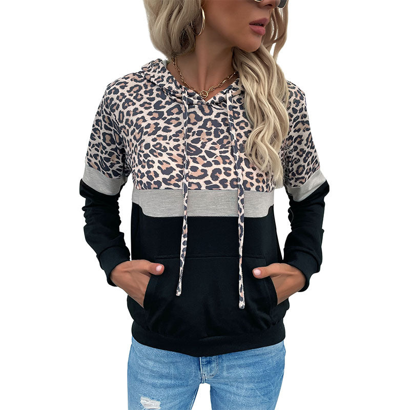 Autumn New Women's Clothing With Pocket Drawstring Hooded Splicing Leopard Print Hoodie