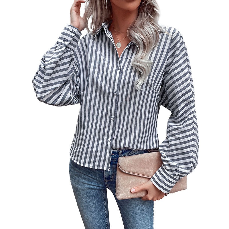 New Spring New Striped Cardigan Shirt Long Sleeve Commuter Lapel Shirt Woman