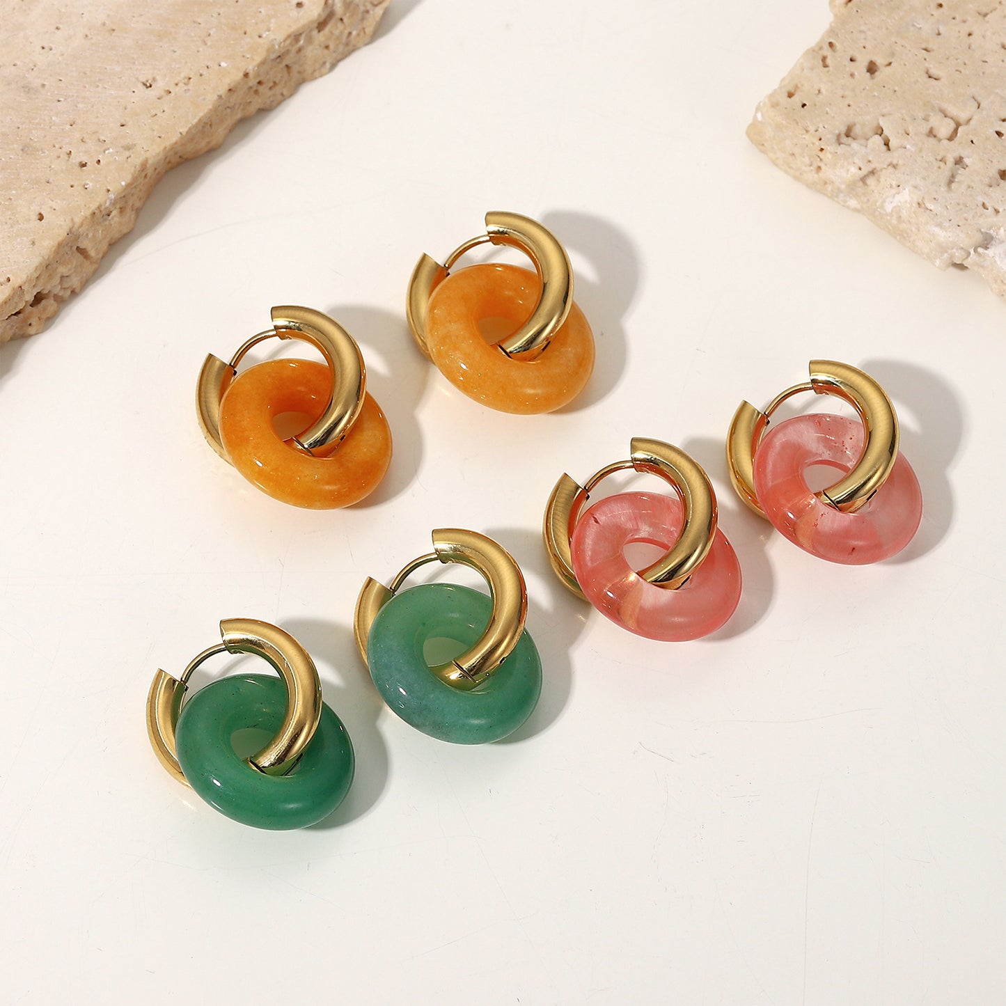 5pcs New Fashion Vintage Natural Stone Ring Earrings 14K Gold Plated Stainless Steel Earrings Style Earrings For Women