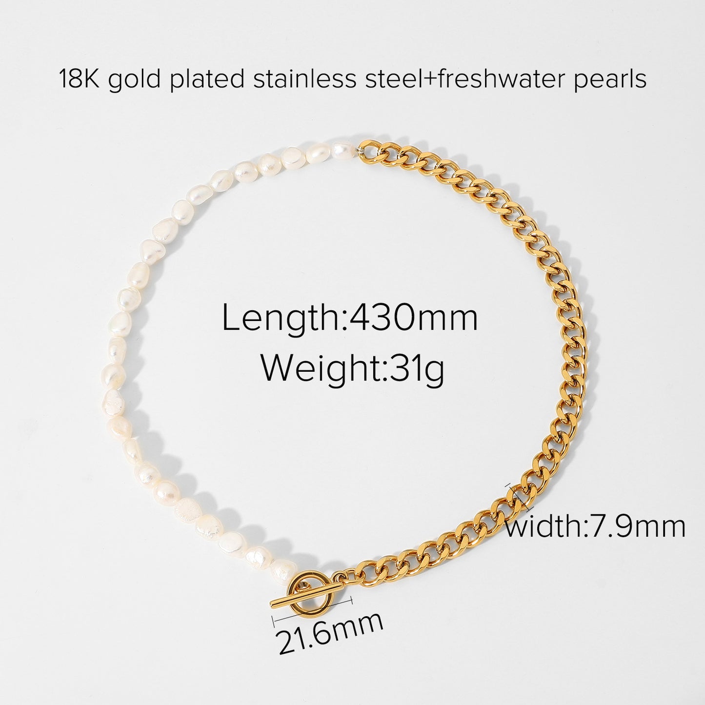 5pcs Classical Ot Button Cuban Chain Light Necklace Pearl Stainless Steel Half Chain Half Pearl Patchwork Necklace Jewelry Women