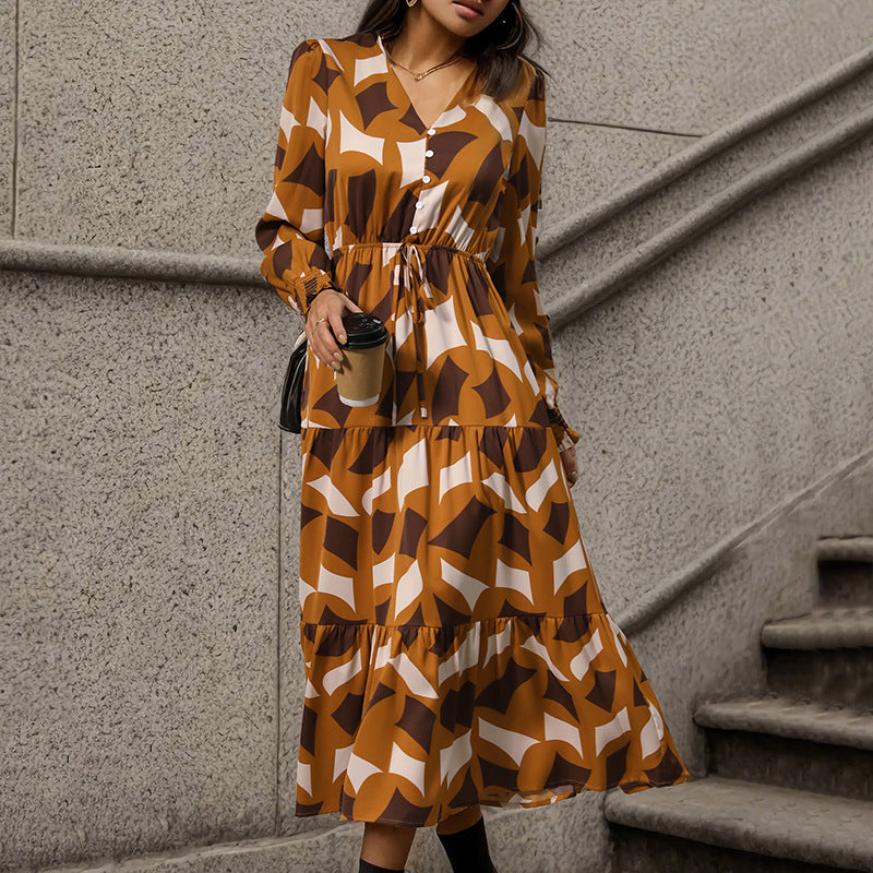 New Temperament V-Neck Ruffled Dress To Button-Up Long Skirt Geometric Pattern Matching Female Skirt