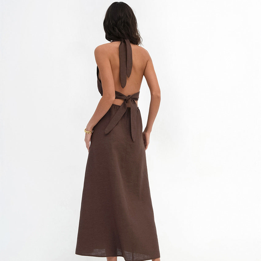 New Cotton Hemp Brown Halter Halter Dress Summer Fashion Women's Dress Long Dress