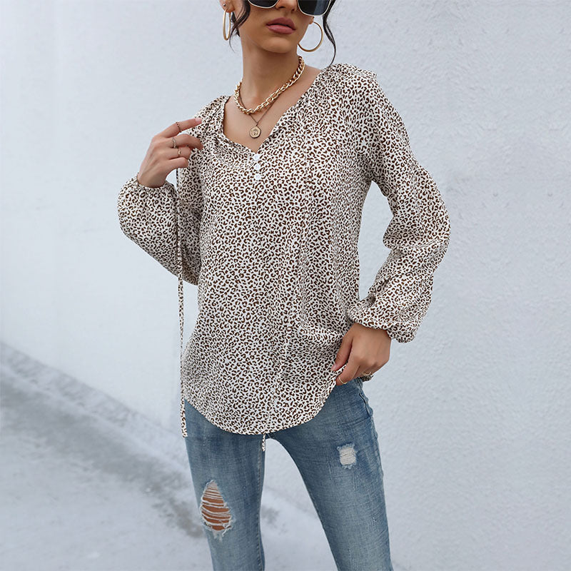 New Vintage Blouse  Long Sleeve Drawstring Leopard V-Neck Shirt
